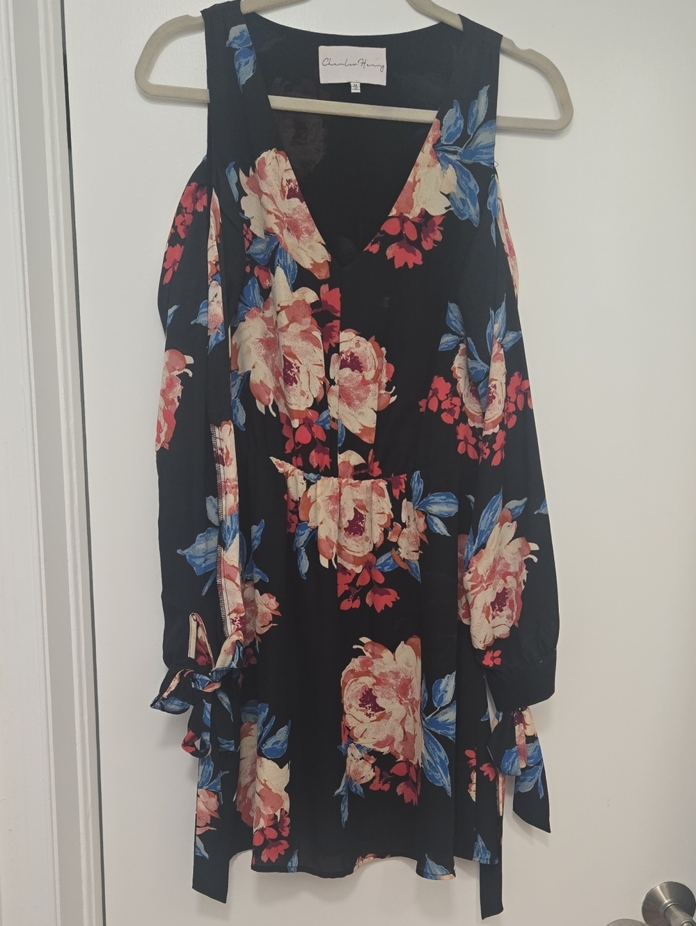 Chelsea & Violet Black Floral Cold-Shoulder Dress with Pink and Blue Blooms